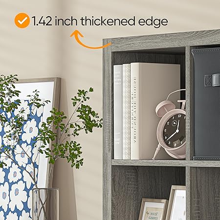 Bookshelf with Storage Bins, 8-Cube Storage Organizer with Back Panels, Modern Wood Open Bookcase, Multifunctional Display Shelf for Living Room, Bedroom, Home Office, Gray Oak