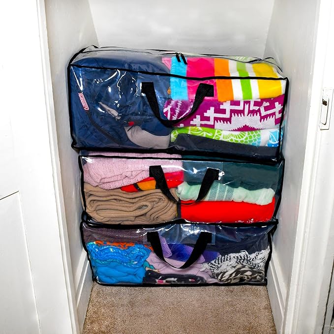 ZENPAC Large Blanket Storage with Handles, Zippered Clear Bags, Heavy Duty, Waterproof for Packing Clothes, Linens, Comforters, 27x12x13.75 3 Pack