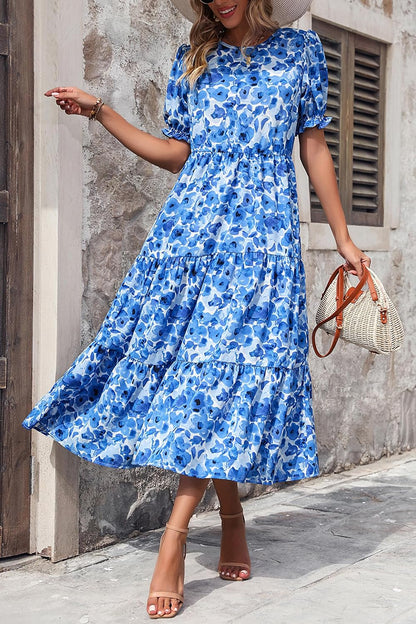 PRETTYGARDEN Summer Dresses for Women 2026 Casual Floral Boho Midi Sun Dress Puff Short Sleeve Flowy Beach Vacation Sundress