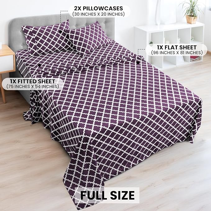 LUX Décor Quatrefoil Full Sheet Set - 4 Piece Ultra-Soft Microfiber Bed Sheets with Flat Sheet, 16 Inches Deep Pocket Fitted Sheet & Pillowcases, Breathable, Bedroom Decor, Oeko-TEX - Purple