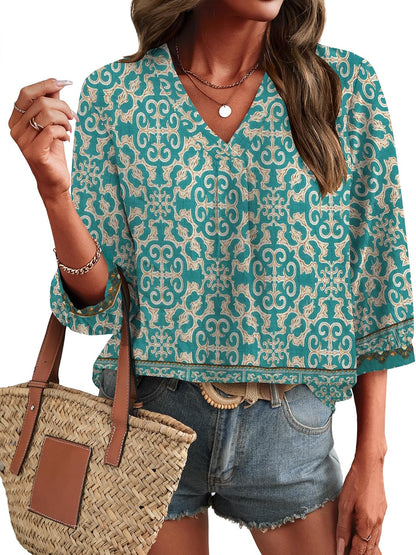 Womens 3/4 Sleeve V Neck Boho Peasant Blouses Dressy Casual Breathable Soft Tunic Tops with Button Cuffs