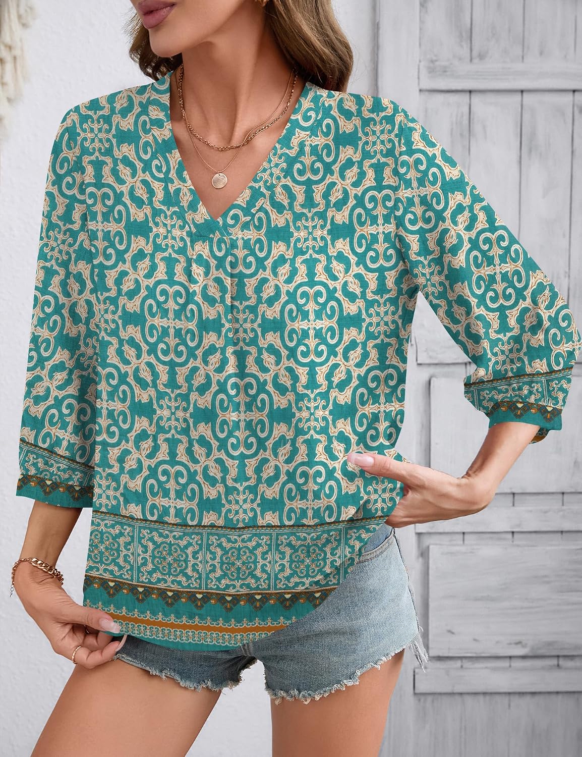Womens 3/4 Sleeve V Neck Boho Peasant Blouses Dressy Casual Breathable Soft Tunic Tops with Button Cuffs