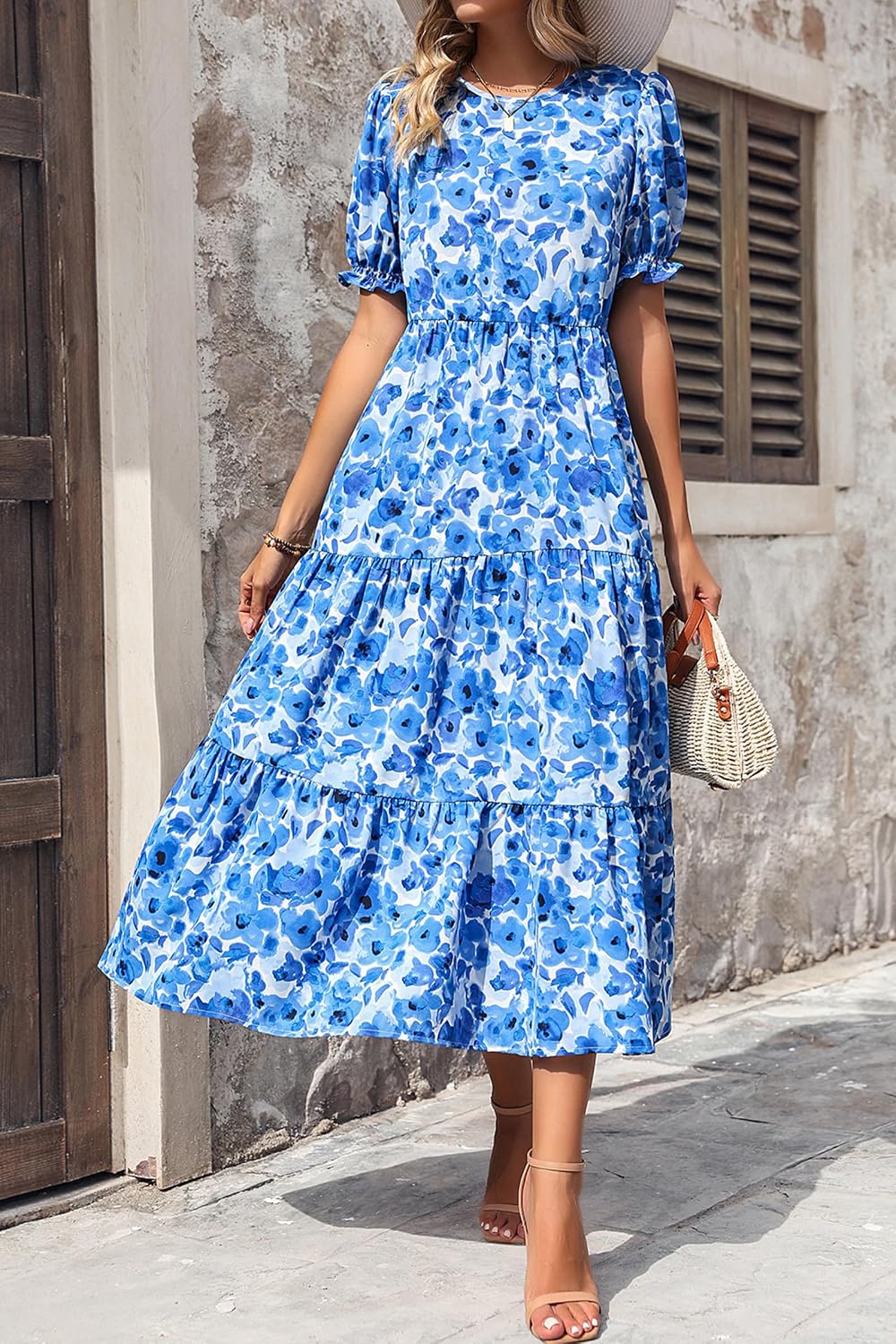 PRETTYGARDEN Summer Dresses for Women 2026 Casual Floral Boho Midi Sun Dress Puff Short Sleeve Flowy Beach Vacation Sundress