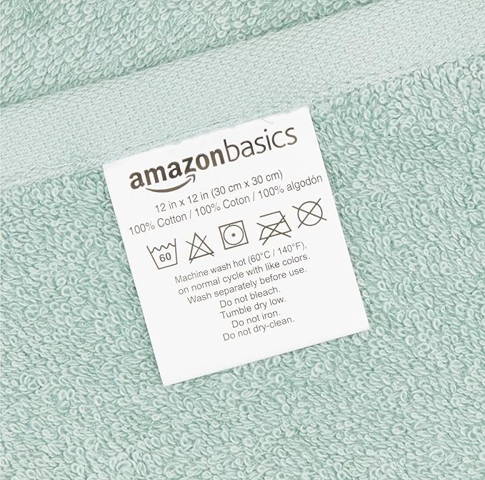 Basics Washcloth for bathroom, 100 Cotton Extra Absorbent , Fast Drying - salon towels - 24-Pack Seafoam Green, 12 x 12 inches