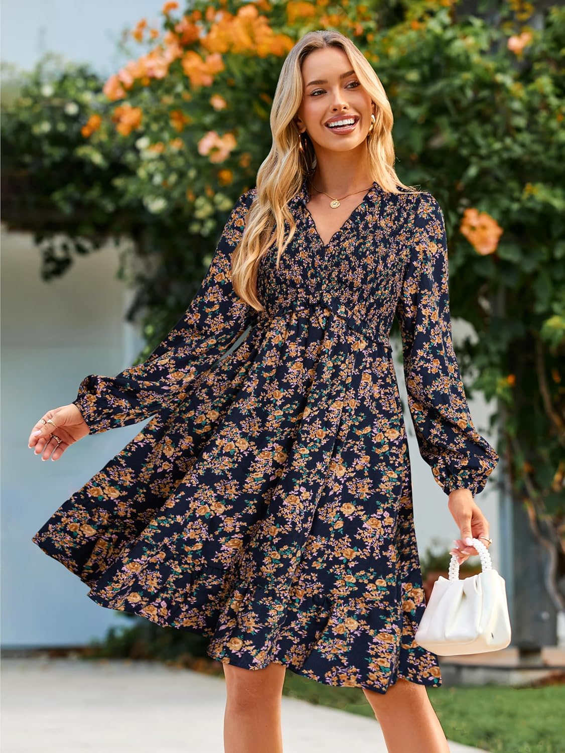 Simplee Womens 2026 Fall Wedding Guest Dress Floral Long Sleeve Smocked Flowy Casual Short Dresses with Pockets