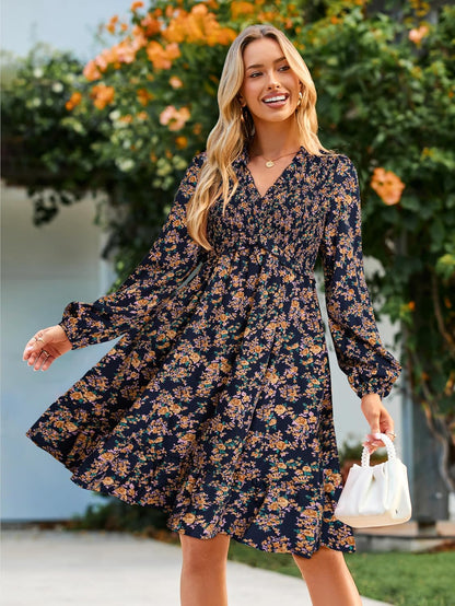 Simplee Womens 2026 Fall Wedding Guest Dress Floral Long Sleeve Smocked Flowy Casual Short Dresses with Pockets