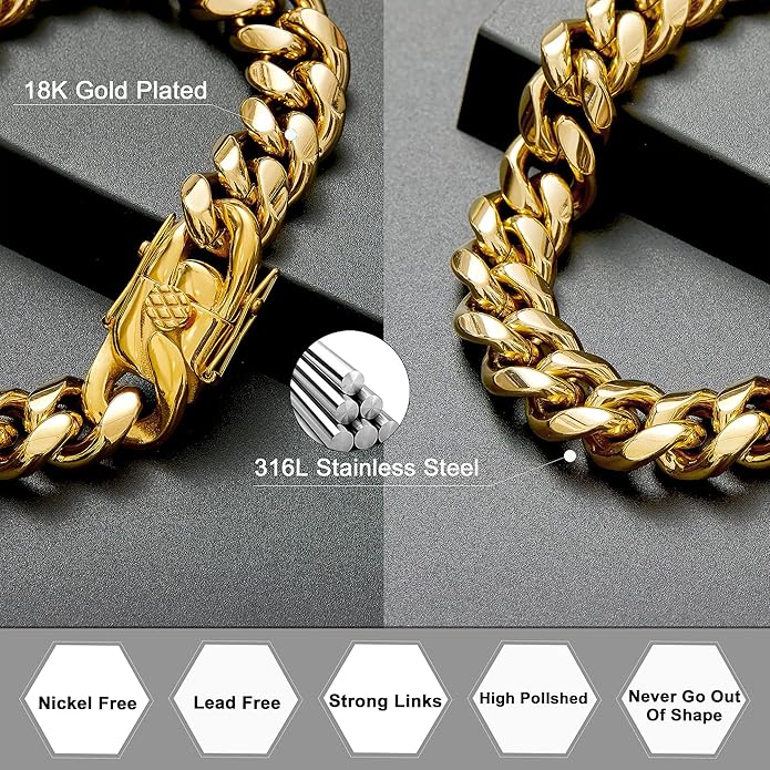 Cuban Link Chain Necklace or Bracelet for Men 10MM14MM 18K Gold Stainless Steel Hip Hop Miami Curb Chains 8.5-30 inch