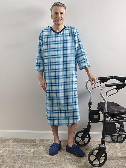 Mens Open Back Adaptive Flannel Nightgown for Seniors - Back Snap Nightgowns with Dome Closure
