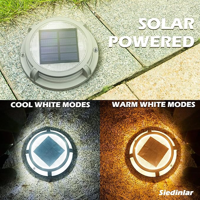 SIEDiNLAR Solar Deck Lights Outdoor 2 Modes 16 LEDs Driveway Markers Dock Light Solar Powered Waterproof for Ground Step Pathway Walkway Stair Garden Road Yard 4 Pack (Cool WhiteWarm White)