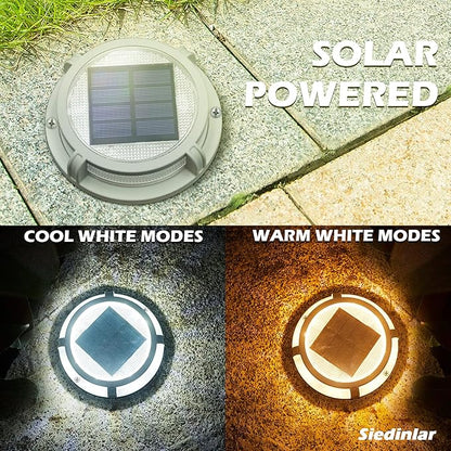 SIEDiNLAR Solar Deck Lights Outdoor 2 Modes 16 LEDs Driveway Markers Dock Light Solar Powered Waterproof for Ground Step Pathway Walkway Stair Garden Road Yard 4 Pack (Cool WhiteWarm White)