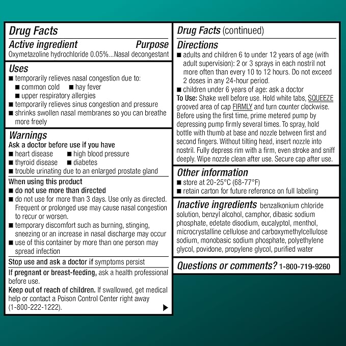 Basic Care No Drip Severe Congestion Nasal Pump Mist Spray, 12 Hour Relief, Oxymetazoline HCl, Maximum Strength Plus Menthol, Steroid Free, 1 fl oz (Pack of 1)