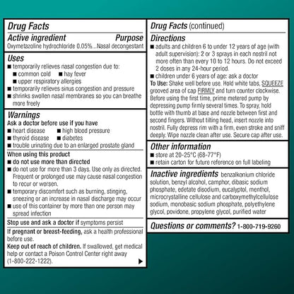Basic Care No Drip Severe Congestion Nasal Pump Mist Spray, 12 Hour Relief, Oxymetazoline HCl, Maximum Strength Plus Menthol, Steroid Free, 1 fl oz (Pack of 1)