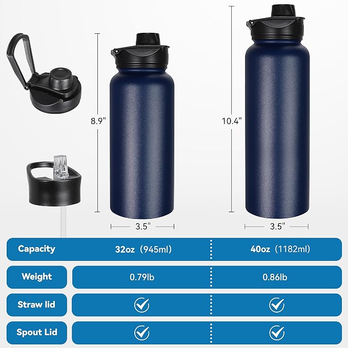 32 oz Insulated Water Bottle Stainless Steel Metal Water Bottles with Leak Proof Straw Lid & Spout Lid, Wide Mouth Double Walled Vacuum Travel Sports Bottle, Navy Blue