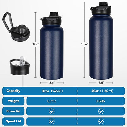 32 oz Insulated Water Bottle Stainless Steel Metal Water Bottles with Leak Proof Straw Lid & Spout Lid, Wide Mouth Double Walled Vacuum Travel Sports Bottle, Navy Blue