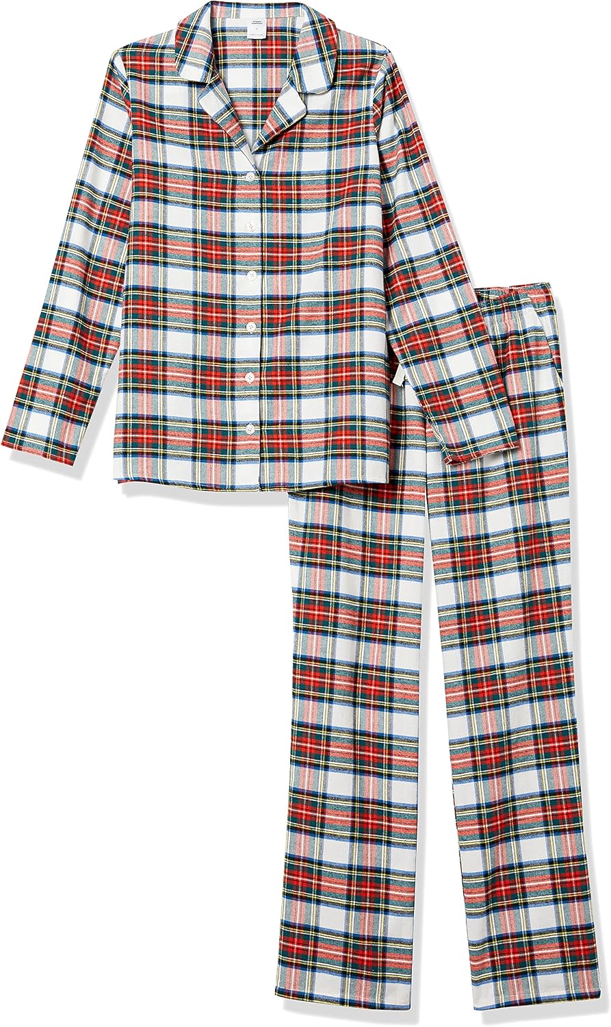 Essentials Women's Flannel Long-Sleeve Button Front Shirt and Pant Pajama Set.