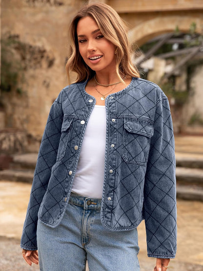 Glamaker Jean Jacket Women Denim Long Sleeve Button Down Diamond Quilted Lightweight Jackets Fall Winter Shacket Coats