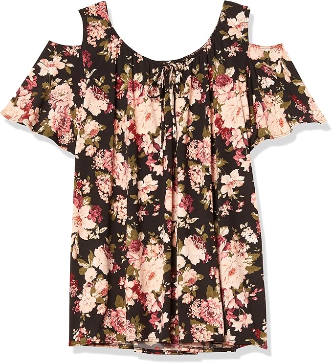 Star Vixen Women's Plus-Size Short-Sleeve Cold-Shoulder Peasant Top, Dark Floral Print, 2X