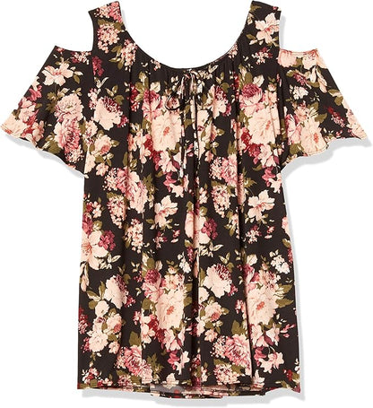 Star Vixen Women's Plus-Size Short-Sleeve Cold-Shoulder Peasant Top, Dark Floral Print, 2X