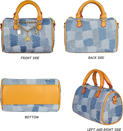 Mini Small Denim Purse Jean Boston Barrel Bags Quilted Checkered Top Handle Canvas Tote Crossbody bags Satchel Handbag for Women,Blue