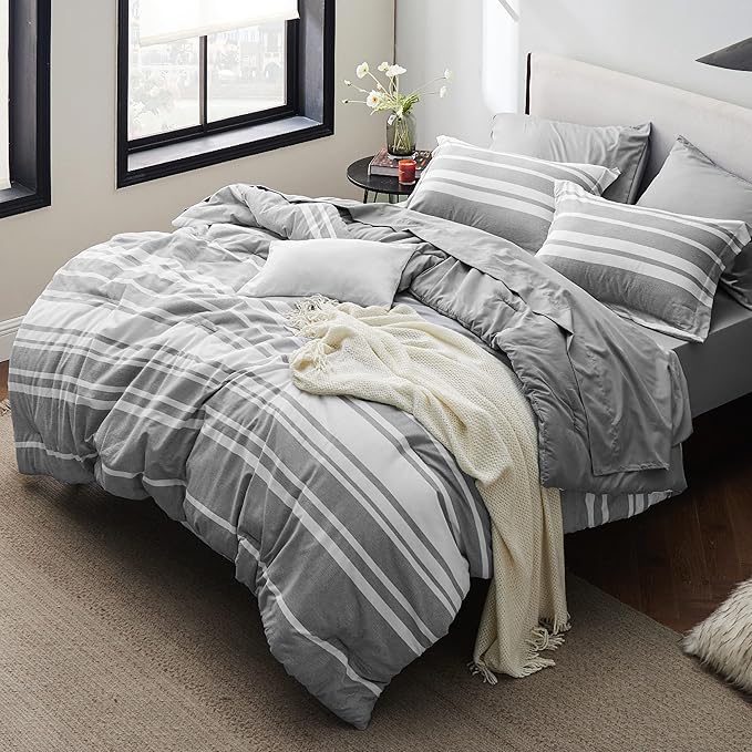 Bedsure Queen Comforter Set 7 Pieces, Grey Striped Bedding Set for Queen Size Bed Reversible, Cationic Dyeing Bed in a Bag with Comforter, Sheets, Pillowcases  Shams