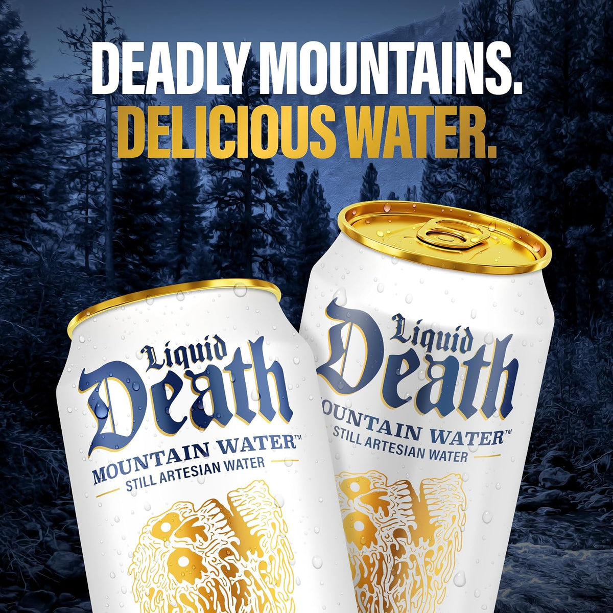 Liquid Death Still Mountain Water, Real Mountain Source, Ice-Cold Cans, Infinitely Recyclable, 12 Fl Oz (Pack of 12) (Box has damage)