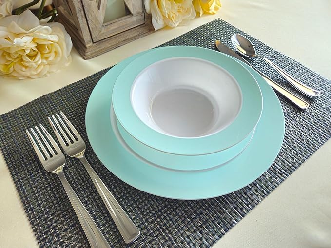 " OCCASIONS " 60 Plates Pack, Disposable Wedding Party Plastic Plates (10.5'' Dinner Plate, Rio in White  Pearled Turquoise Blue)