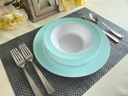 " OCCASIONS " 60 Plates Pack, Disposable Wedding Party Plastic Plates (10.5'' Dinner Plate, Rio in White  Pearled Turquoise Blue)