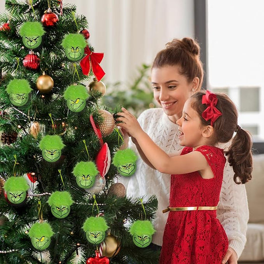 12PCS Christmas Ball Ornaments,6 Styles Glitter Christmas Tree Ornaments with Fuzzy Hair, Green Elf Balls Ornament Holiday Hanging Xmas Balls Baubles for Tree Decorations