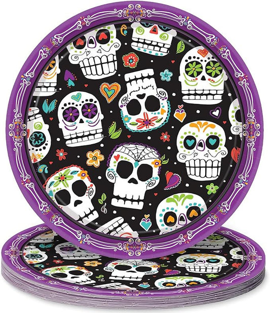 Amscan Bold & Festive Multicolor Sugar Skull Soiree Plates - 6.75" (Pack of 8) - Vibrant Design - Ideal for Festive Occasions & Celebrations