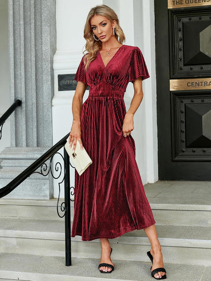 Simplee Women’s V Neck Velvet Maxi Dress Short Sleeve Empire Waist Long Formal Dress for Wedding Guest