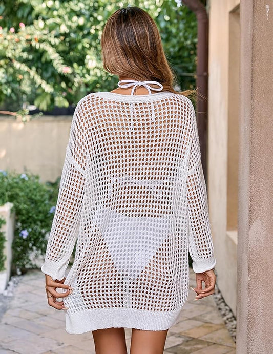 Womens Oversized Lightweight Beach Cover Up Cute Crochet Hollow Out Crewneck Pocket Sweater Top Fall 2024
