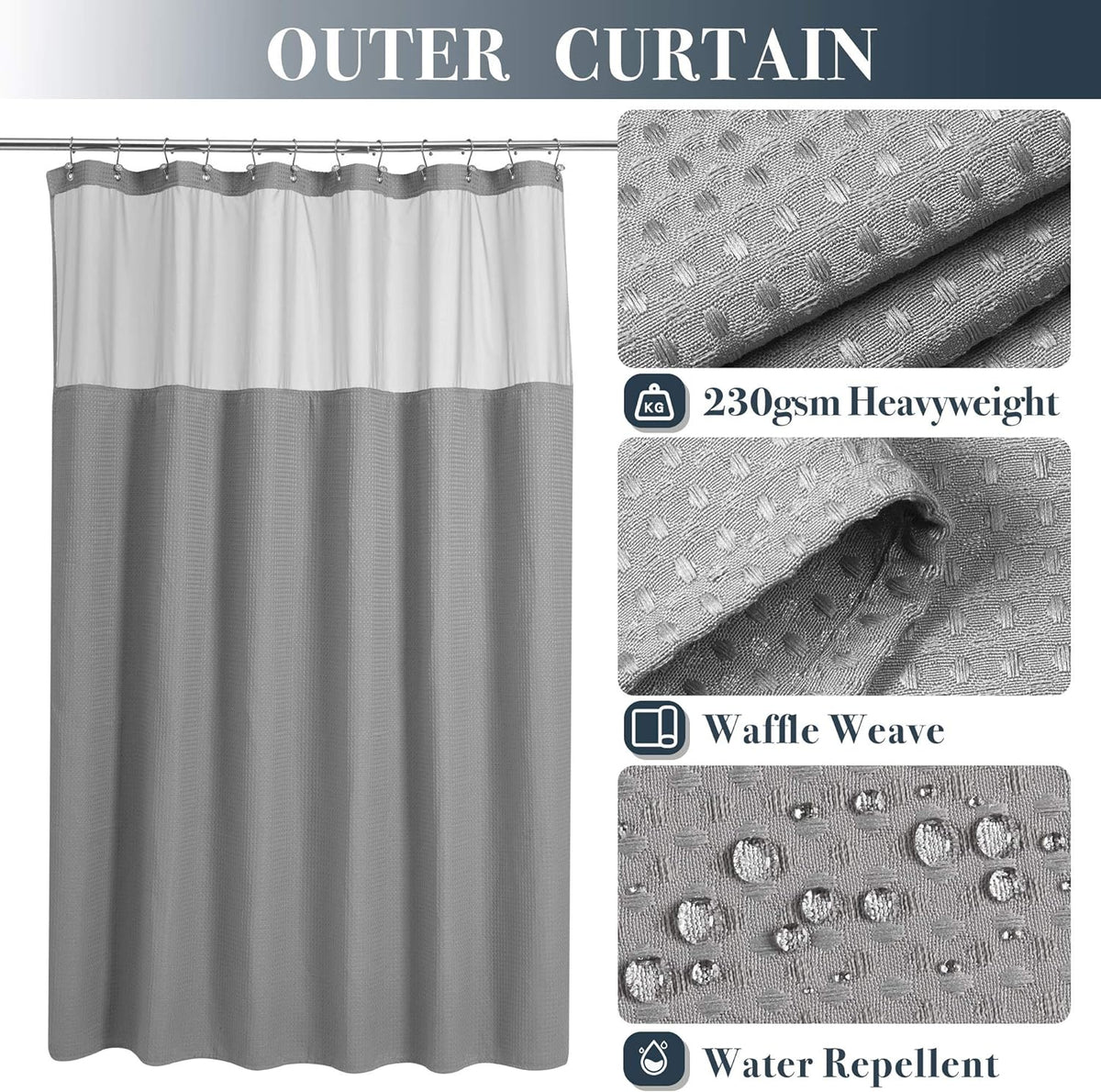 N&Y HOME Waffle Weave Shower Curtain with Snap-in Fabric Liner Set, 12 Hooks Included - Hotel Style, Water-Repellent & Washable, Heavyweight Fabric & Mesh Top Window - 71x72, Gray