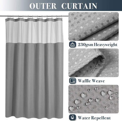 N&Y HOME Waffle Weave Shower Curtain with Snap-in Fabric Liner Set, 12 Hooks Included - Hotel Style, Water-Repellent & Washable, Heavyweight Fabric & Mesh Top Window - 71x72, Gray