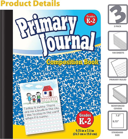 Better Office Products Primary Journal, Hardcover, Primary Composition Book Notebook - Grades K-2, 100 Sheet, One Subject, 9.75" x 7.5", Blue Cover-3 Pack
