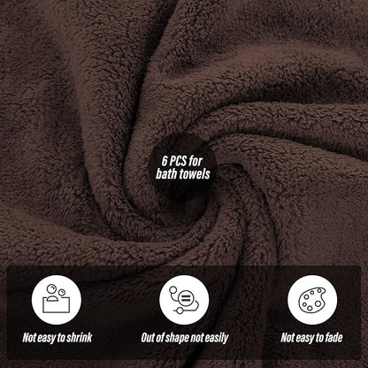 MOONQUEEN 6 Pack Premium Bath Towel Set - Quick Drying - Microfiber Coral Velvet Highly Absorbent Towels - Multipurpose Use as Bath Fitness, Bathroom, Shower, Sports, Yoga Towel (Wood Brown)