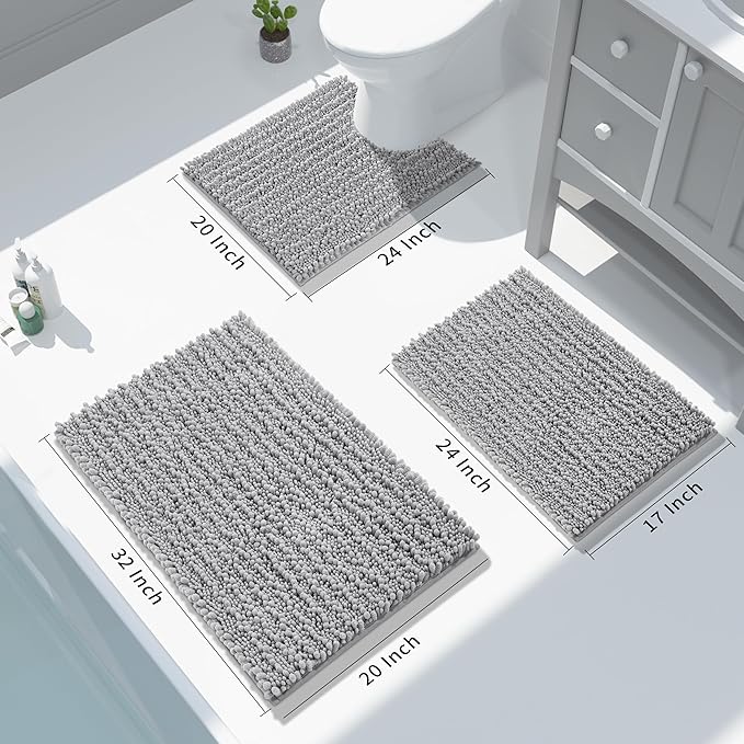 Yimobra Bathroom Rugs Non Slip Washable 24x17 Inch - Ultra Soft Absorbent Chenille Bath Mat, Quick Dry Shaggy Floor Carpet for Tub Shower, Gray Home Decor Accessories