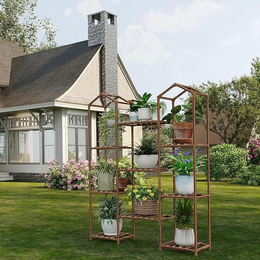 Tikea Plant Stand Indoor Outdoor Castle-shaped Plant Stand for Multiple Plants Wooden Plant Shelf Organizer Display Flowers Rack for Corner Living Room Patio Balcony (Model A 9 Tiers)