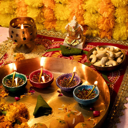 Pack of 12 Clay Diyas with Cotton Wicks, Diwali Decorations for Home, Mitti Diyas for Pooja, Indian Pooja Decor for Mandir, Diwali Gift, Earthen Lamp for Navratri Dussehra, Party Favors( 2 yellow-2Purple-2Pink-2Orange-2Green-2Blue )