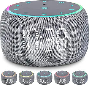 White Noise Machine Alarm Clock for Bedrooms - 5W Stereo Bluetooth Speaker - 24 Soothing Sounds - 9 Night Lights - Auto-Dimmable Digital Alarm Clock Sound Machine for Sleeping
