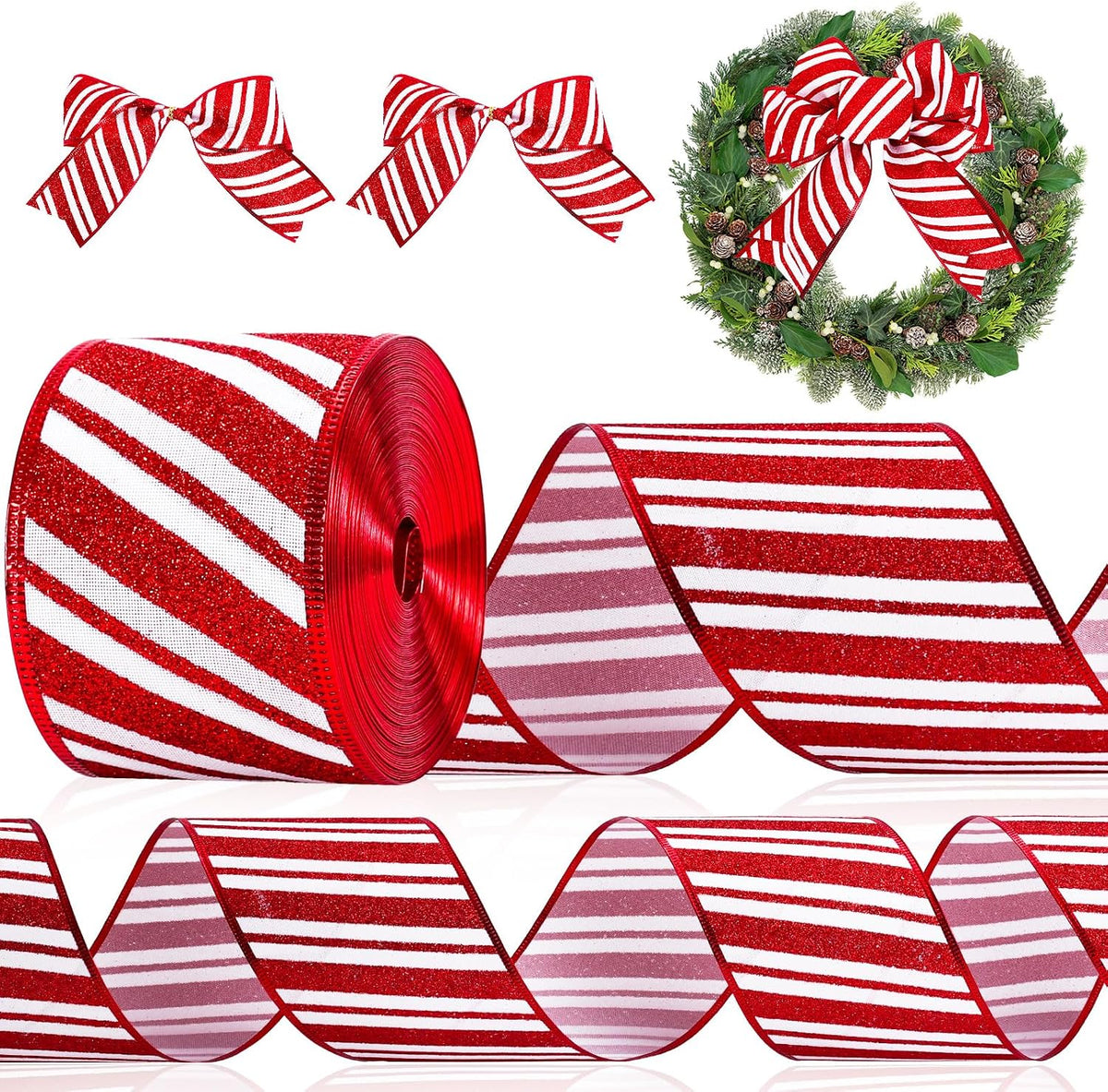 Whaline Christmas Candy Wired Edge Ribbon Peppermint Stripe Glitter Fabric Craft Ribbon for Xmas Tree Bow Wreath Gift Wrap Holiday Party Home Decor, 2.5 Inch