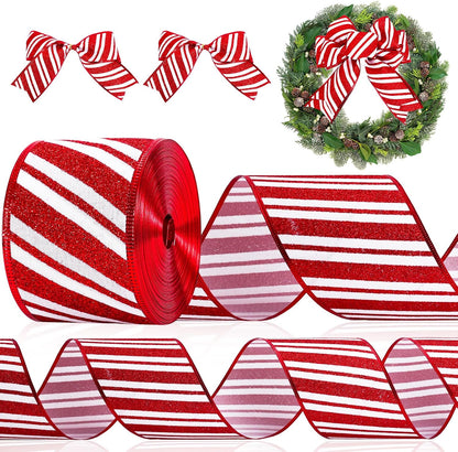 Whaline Christmas Candy Wired Edge Ribbon Peppermint Stripe Glitter Fabric Craft Ribbon for Xmas Tree Bow Wreath Gift Wrap Holiday Party Home Decor, 2.5 Inch