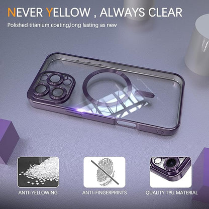Magnetic Clear Case for iPhone 14 Plus with Full Camera Lens Protection,Compatible with MagSafe,Plating Soft TPU Phone Case,Anti-Scratch Shockproof Slim Cover for Women Gilrs Men - Purple