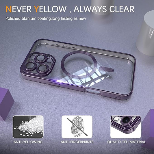 Magnetic Clear Case for iPhone 14 Plus with Full Camera Lens Protection,Compatible with MagSafe,Plating Soft TPU Phone Case,Anti-Scratch Shockproof Slim Cover for Women Gilrs Men - Purple