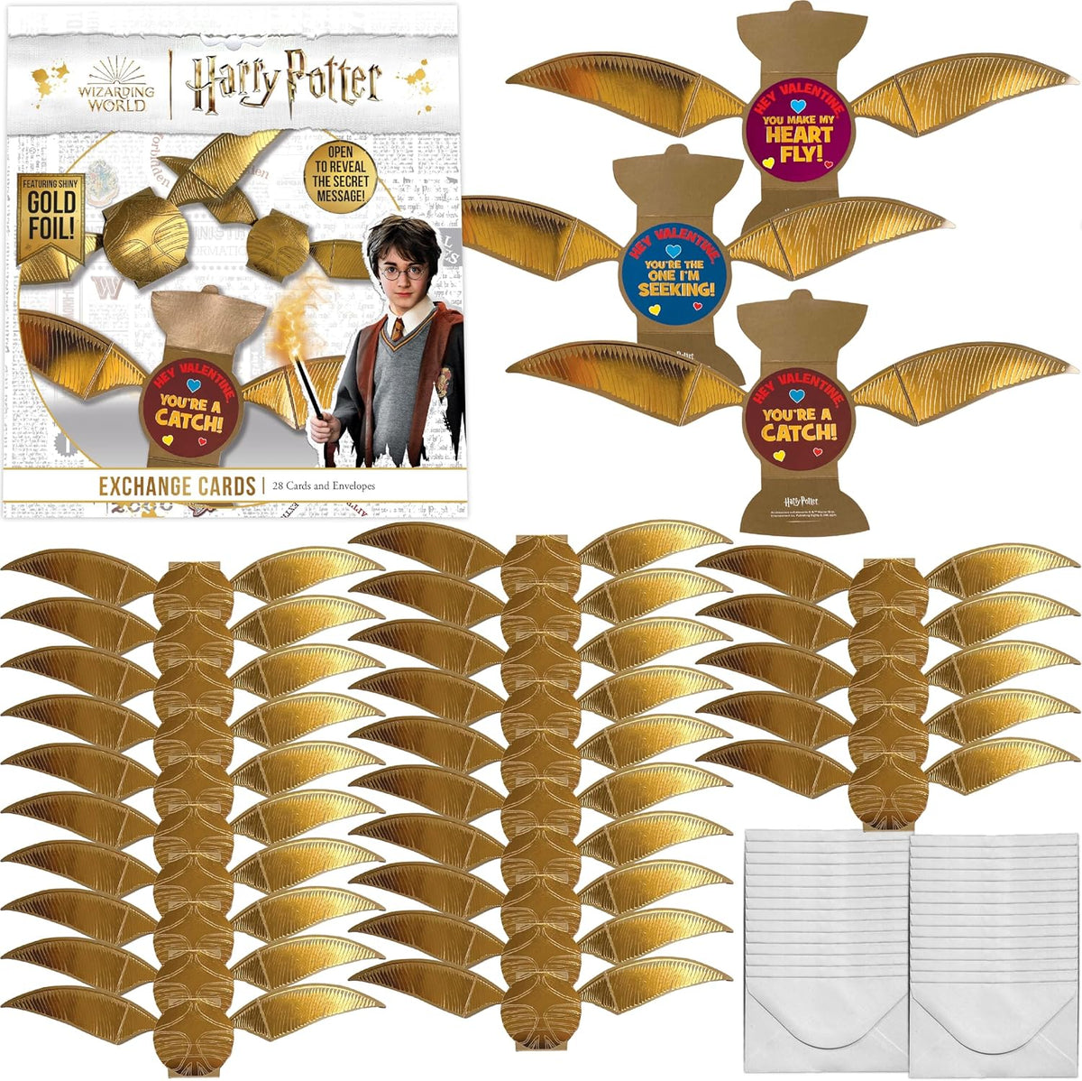 Make your child's Valentine's Day party magical with this 28-card pack featuring shiny gold foil Snitch cards and fun greetings!
