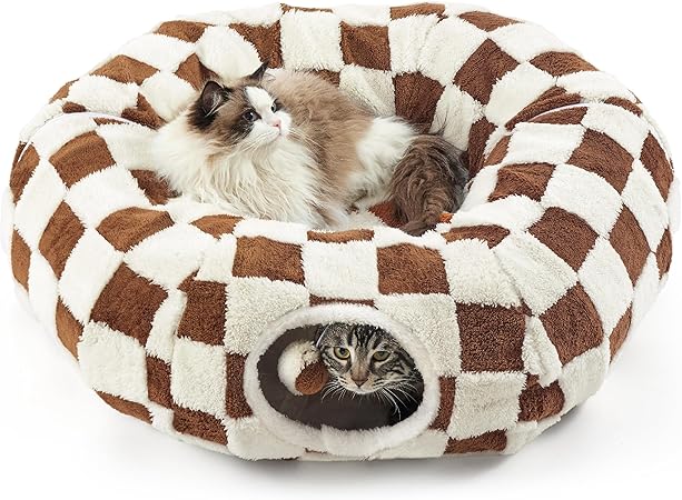 Lesure Cat Tunnel Bed for Indoor - Cute Cat Donut Tunnel with Washable Circle Cushion, Round Pet Peekaboo Cave Toy for KittenPuppyRabbit, Brown