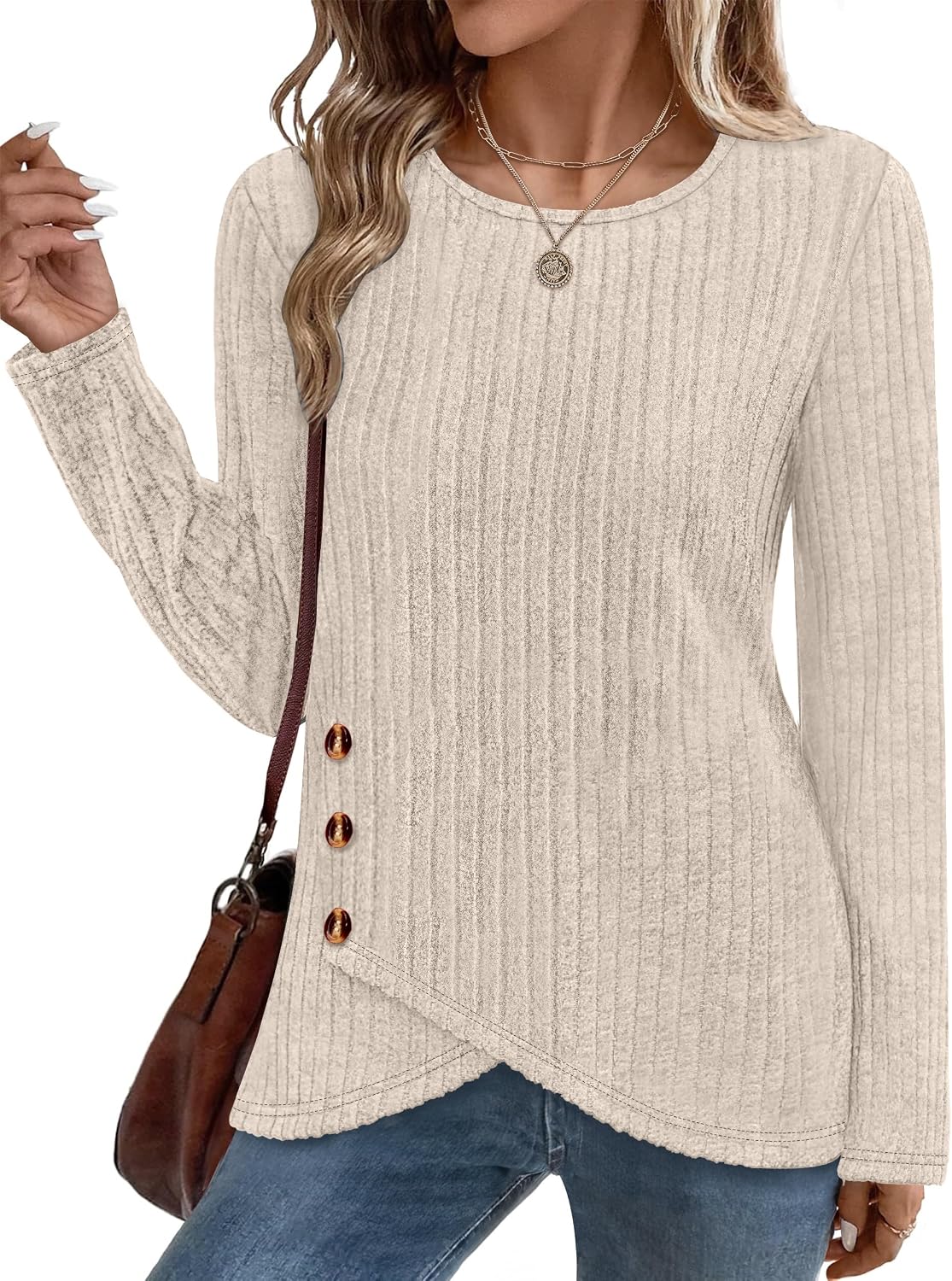 XIEERDUO Tunic Sweaters for Women Long Sleeve Shirts Crew Neck Tops with Buttons Fall Fashion Outfits Winter Clothing