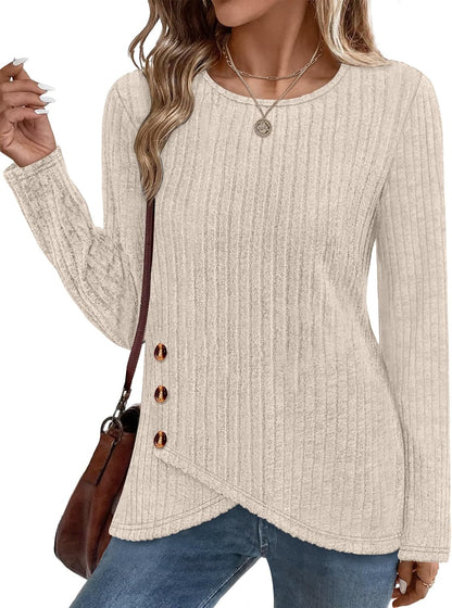 XIEERDUO Tunic Sweaters for Women Long Sleeve Shirts Crew Neck Tops with Buttons Fall Fashion Outfits Winter Clothing