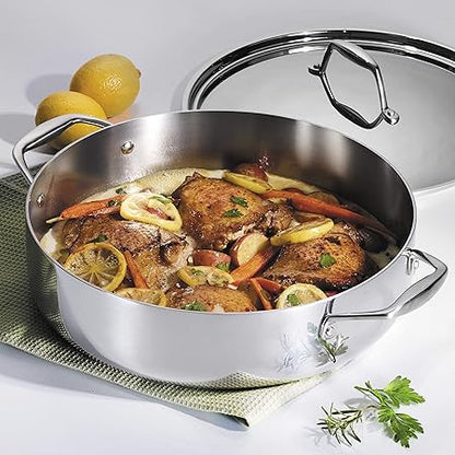 Tramontina Tri-Ply Clad Stainless Steel 6-Quart Braiser Pan with Lid, Induction-Ready, Dishwasher-Safe, NSF-Certified, Made in Brazil