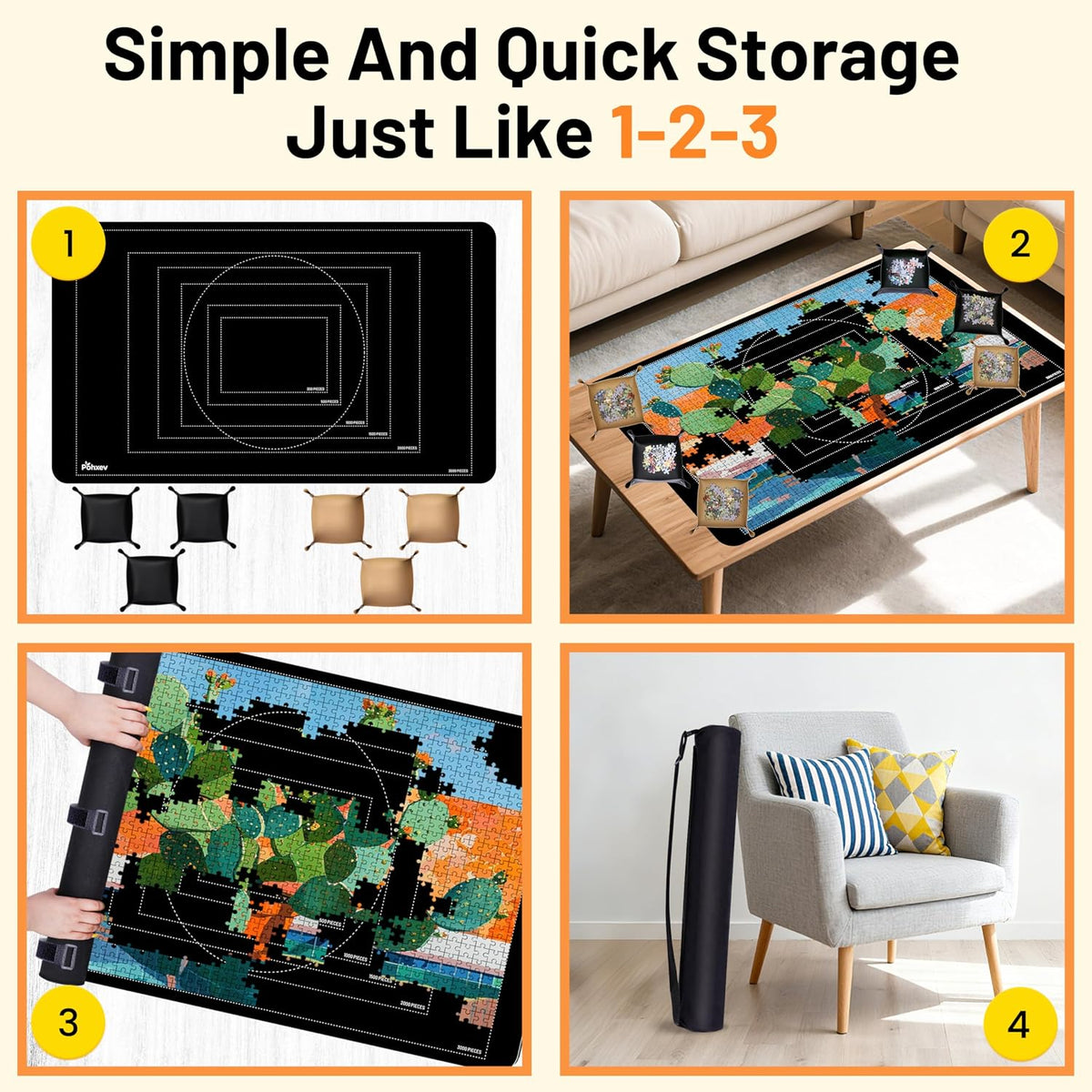 Pohxev Jigsaw Puzzle Mat Roll Up, Saver Pad 53” x 35” Non-Slip Rubber Bottom & Smooth Top Portable Keeper Up to 3000 Pieces with 6 Puzzle Sorting Trays & Travel-Friendly Storage Bag