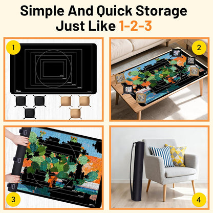 Pohxev Jigsaw Puzzle Mat Roll Up, Saver Pad 53” x 35” Non-Slip Rubber Bottom & Smooth Top Portable Keeper Up to 3000 Pieces with 6 Puzzle Sorting Trays & Travel-Friendly Storage Bag